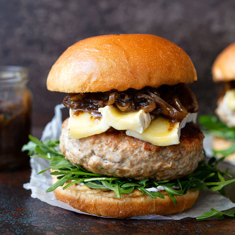 Turkey burgers with Guinness caramelised onions and Brie