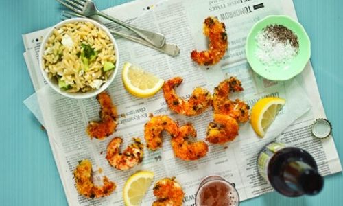 Beer-fried prawns and lemon orzo salad_easyfood