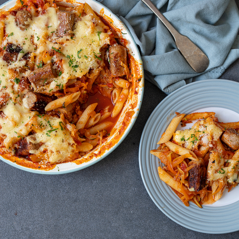 Veggie sausage and courgette pasta bake