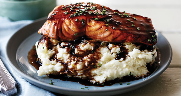 Stout-glazed salmon with garlic chive mash Easy Food