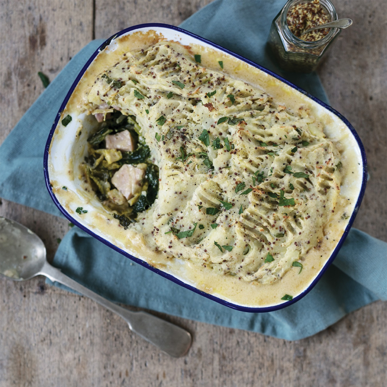 Bacon and cabbage pie with wholegrain mustard mash