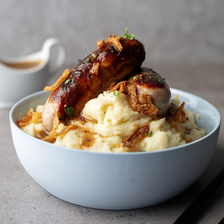 Bangers and French onion mash