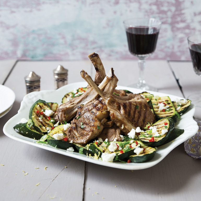 Barbecued lamb chops with courgette and Feta
