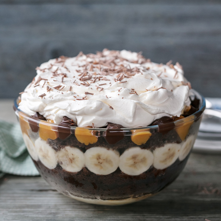 Brownie and salted caramel ice cream trifle