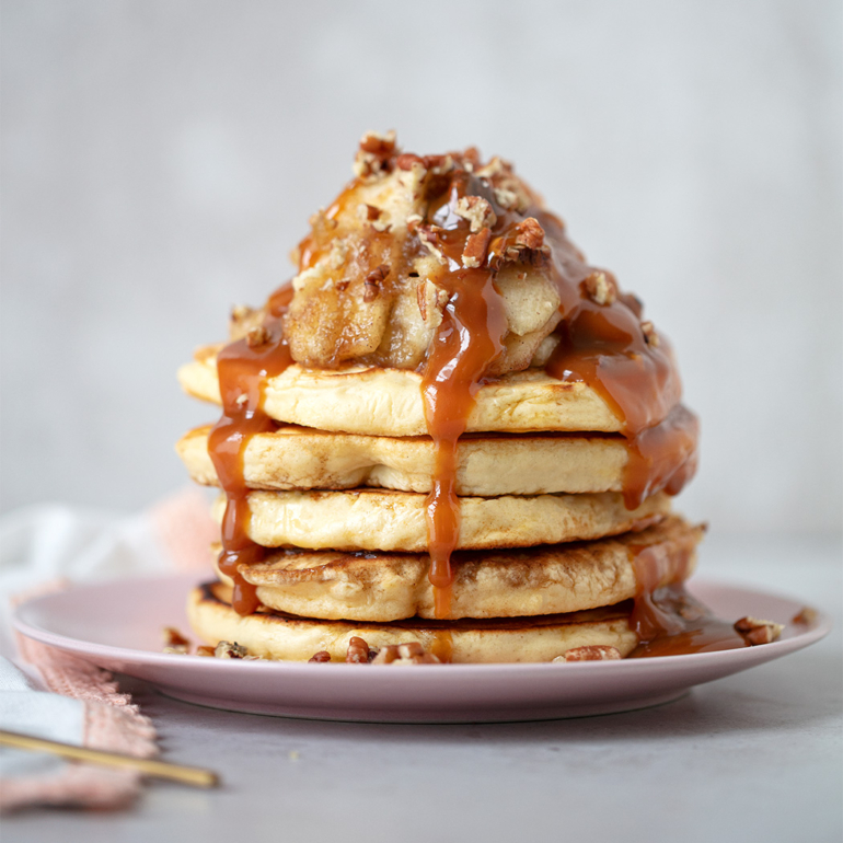 Buttermilk pancakes with stewed apple and pecans
