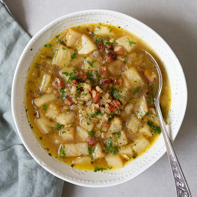 Celeriac and Barley broth with pancetta and rosemary