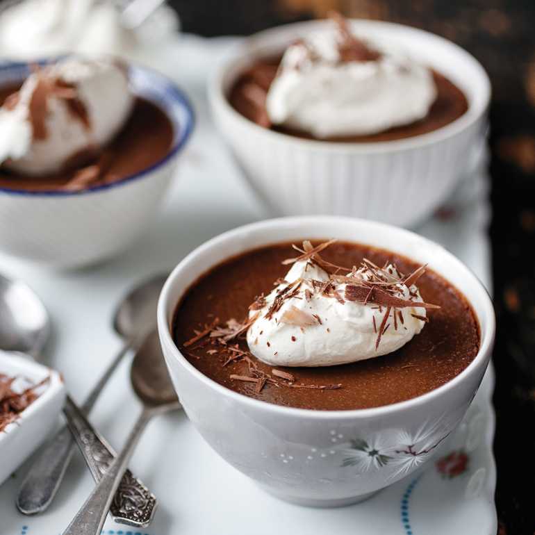 Chai latte chocolate pots de crème with spiced whipped cream