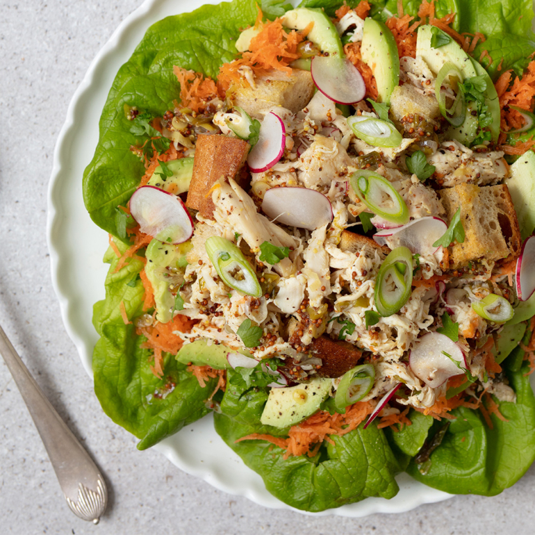 Cheat’s chicken salad with charred spring onion vinaigrette
