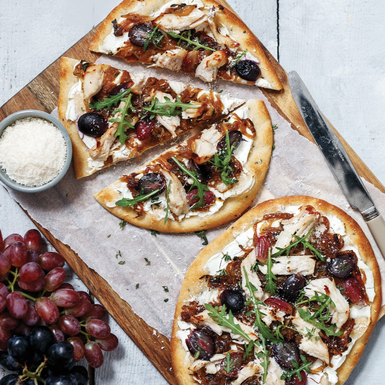 Chicken, grape, and caramelised onion flatbreads