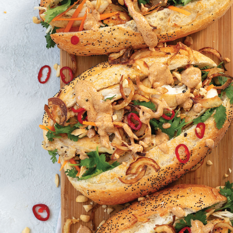 Chicken satay bánh-mì with pickled chillies