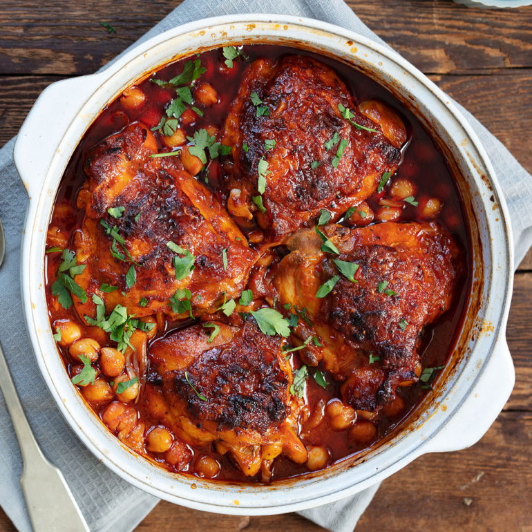 Chicken thighs with harissa and chickpeas