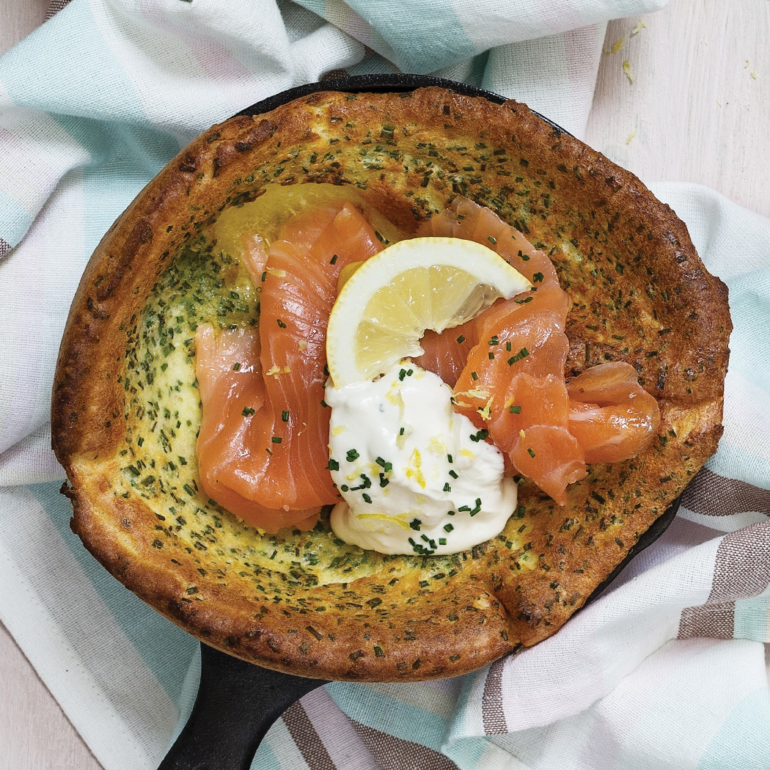 Chive Dutch baby with Annagassan smoked salmon and lemon crème fraîche