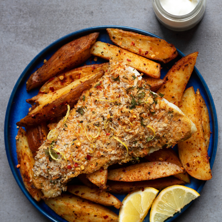 Crumbed cod with spicy wedges
