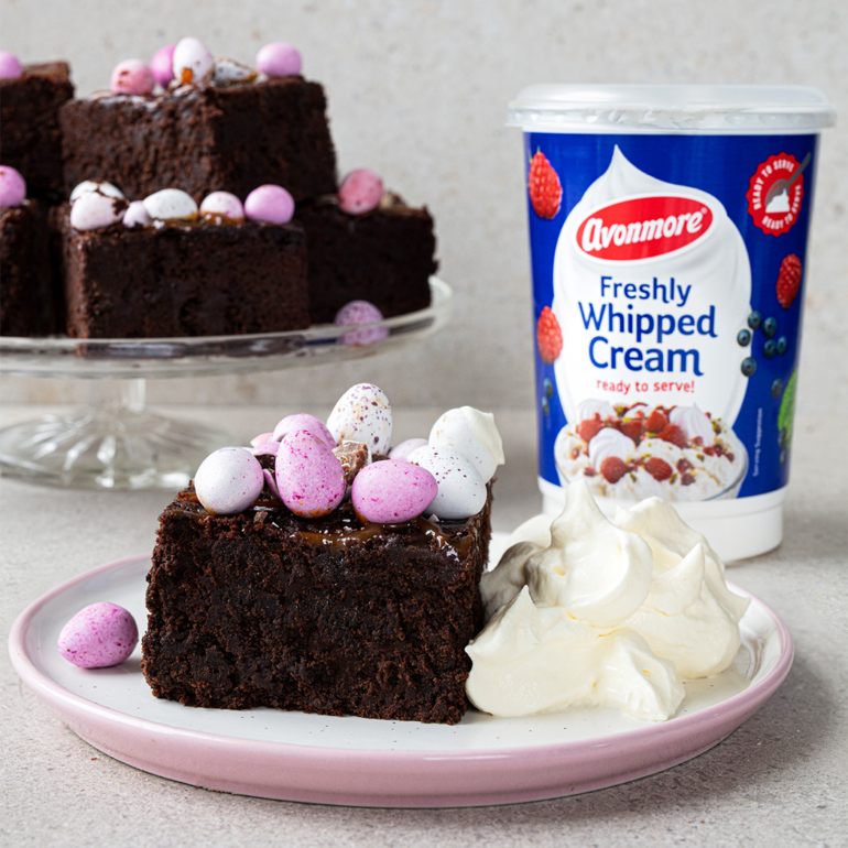 Easter salted caramel brownies with whipped cream