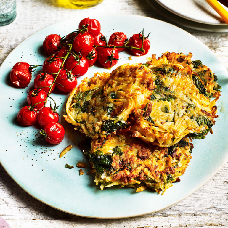 Feta and spinach potato rösti with roasted tomatoes