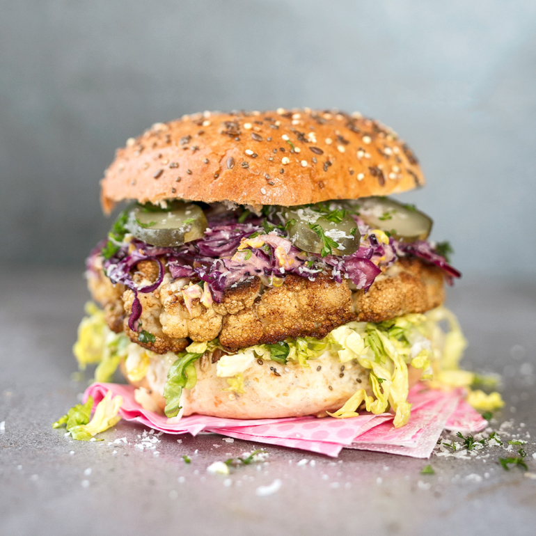 Fried cauliflower burgers with remoulade slaw
