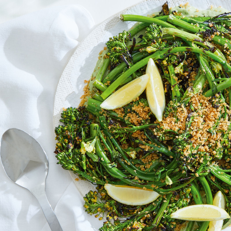 Grilled broccolini with green goddess and quinoa crunch