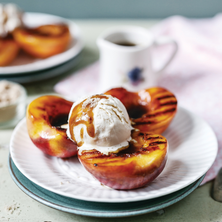Grilled peaches with whiskey smoked sea salt and whiskey brown butter sauce