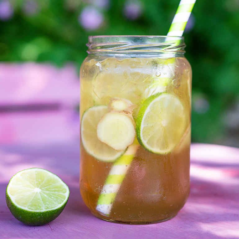 Homemade ginger ale with lime