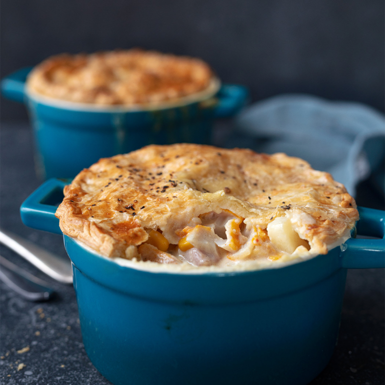 Individual smoked haddock and corn chowder pies