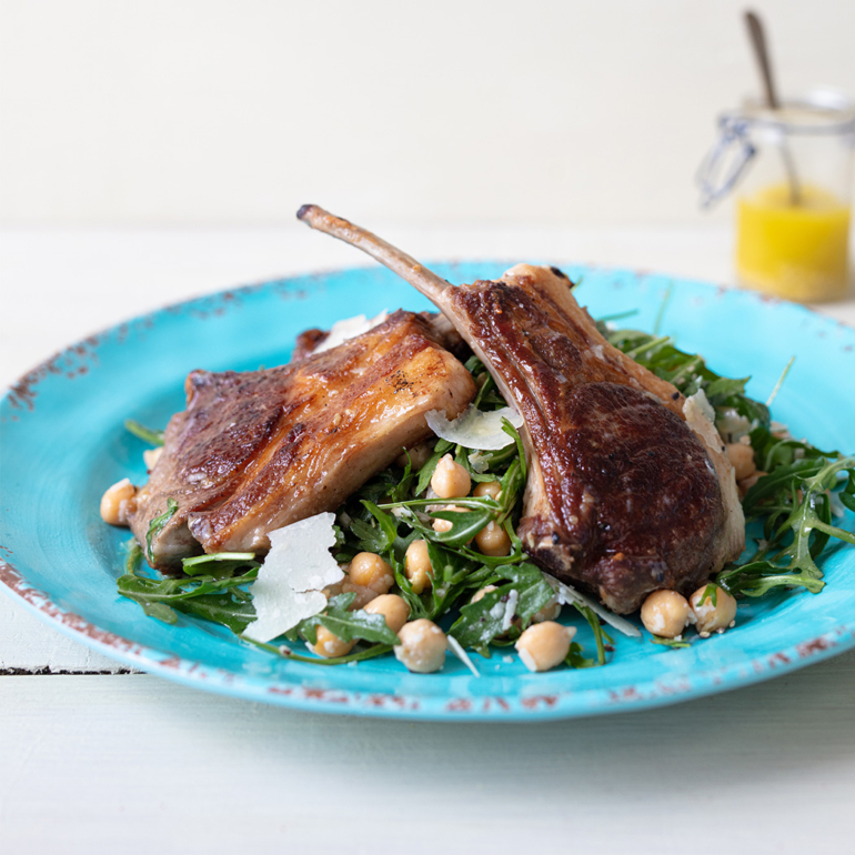 Lamb chops with cheesy chickpea salad