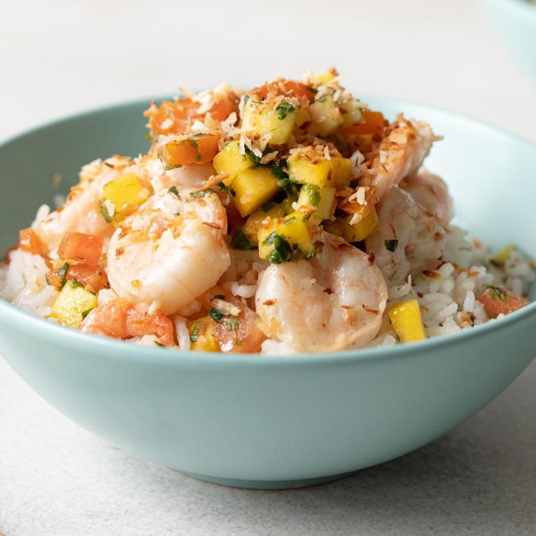 Lime, coriander and coconut prawns with coconut rice