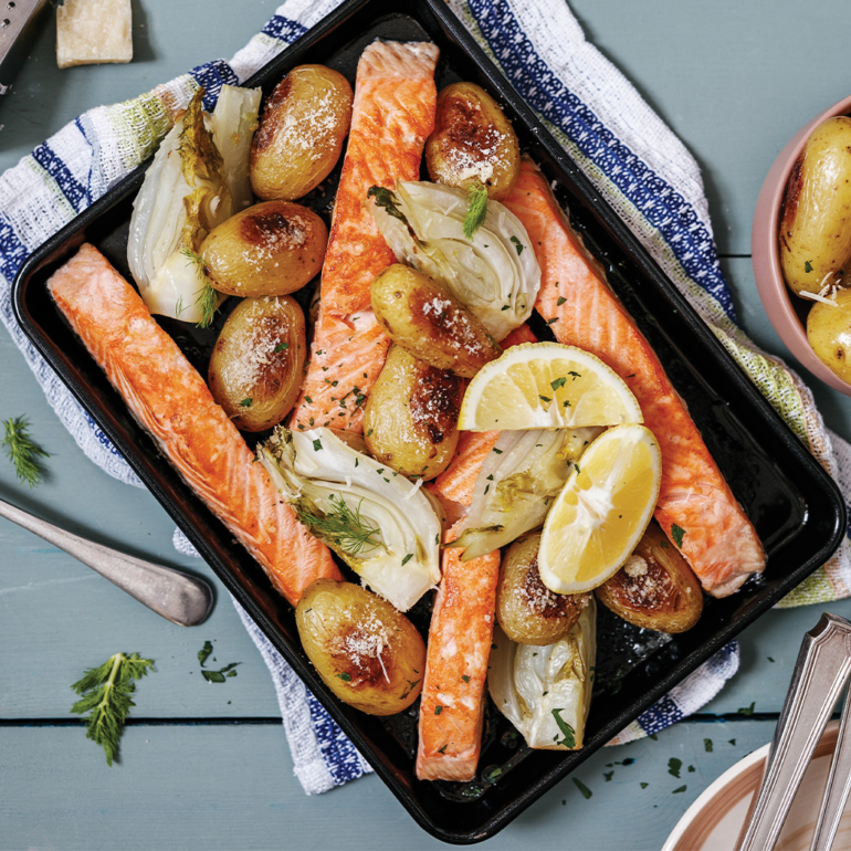One-tray salmon, fennel and potatoes