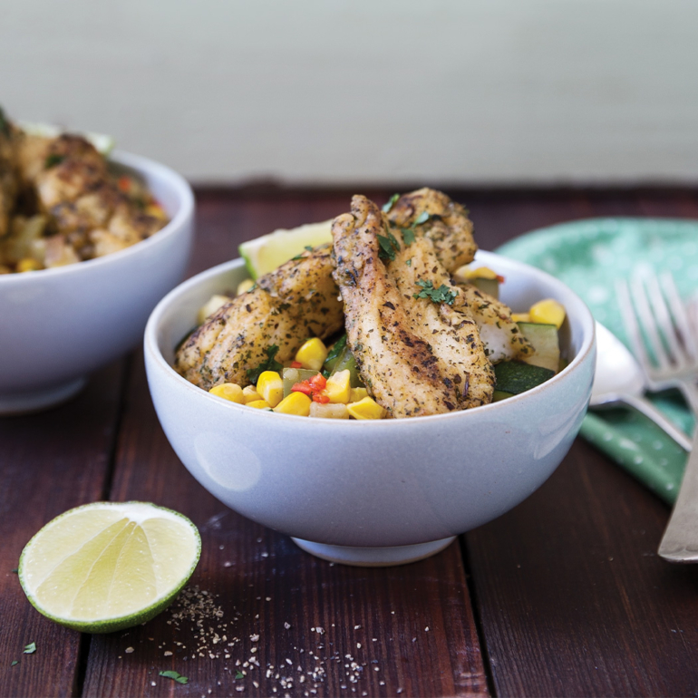 Pan-fried fish with summer succotash