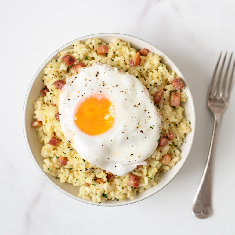 Pancetta and egg risotto