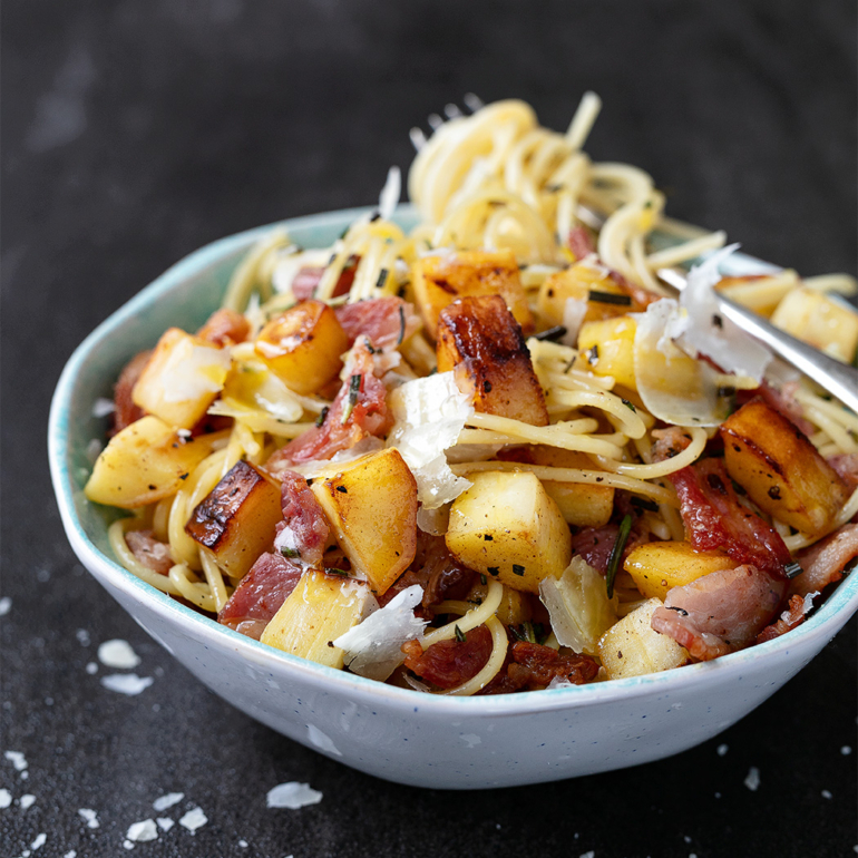 Parsnip and bacon spaghetti
