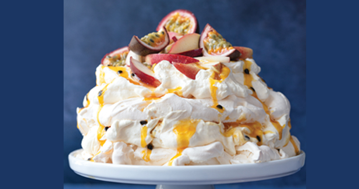 peach and passion fruit pavlova