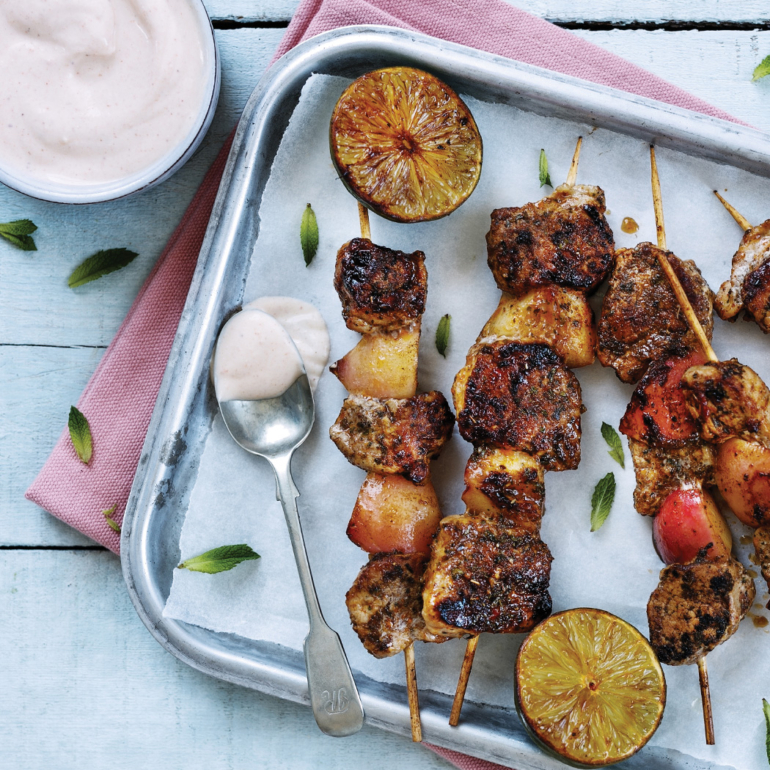 Pork and peach skewers with harissa and honey