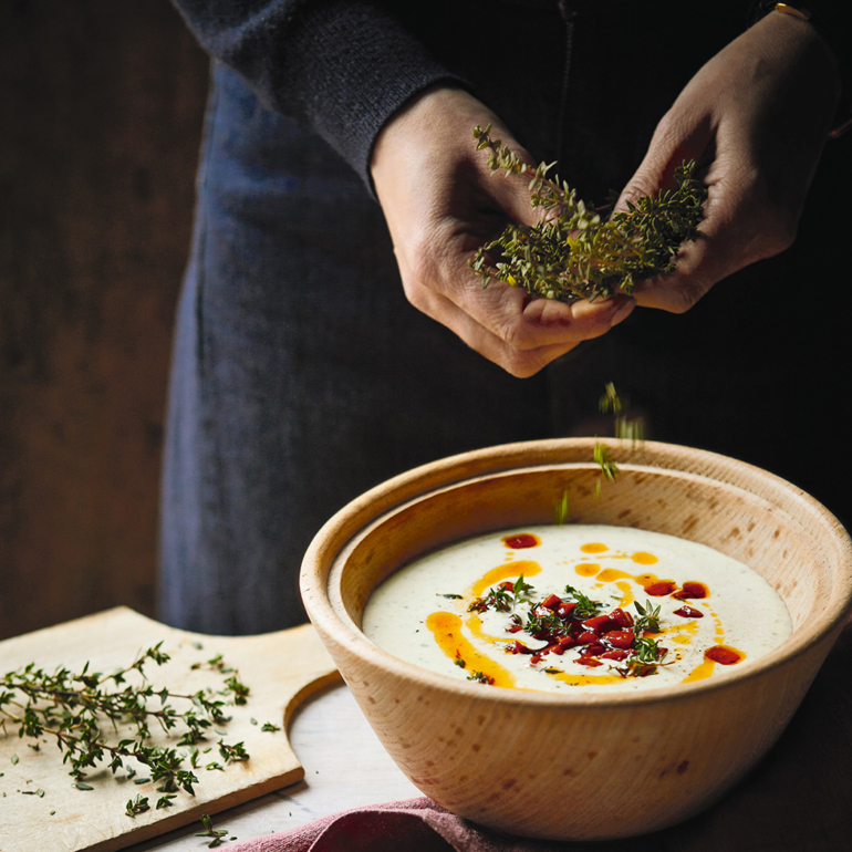 Potato, parsley & thyme soup with chorizo