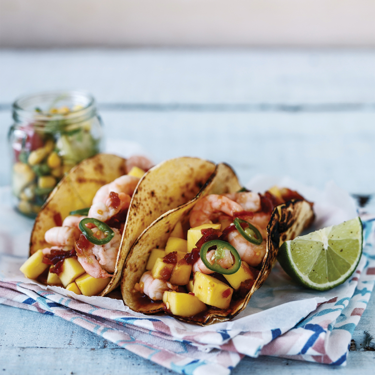 Prawn and mango tacos with fast ‘n’ fresh salsa