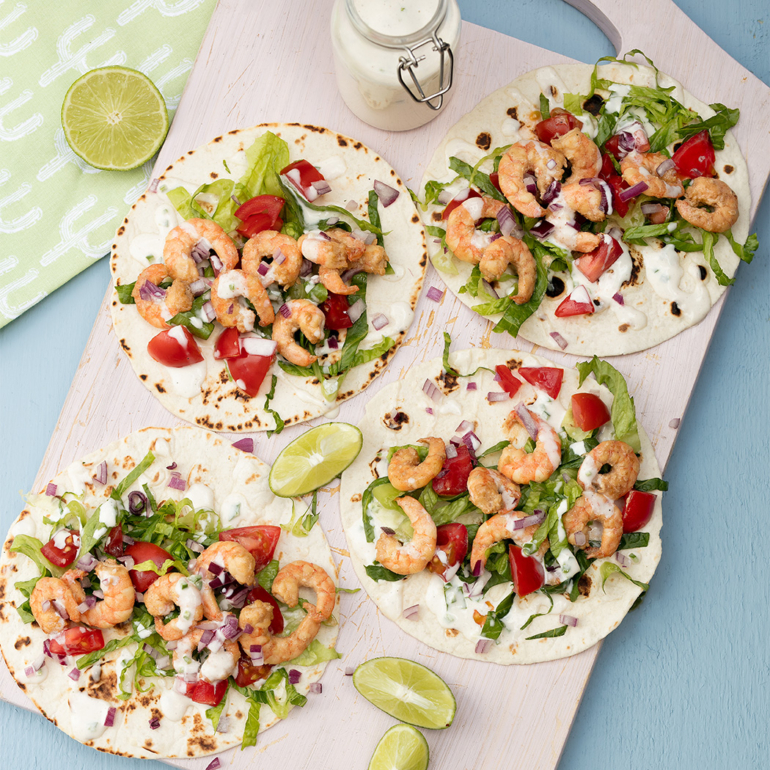 Prawn tacos with Mexican yoghurt sauce