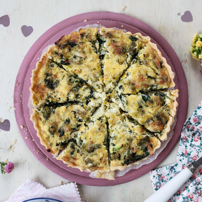 Quiche with leeks, greens and Gruyère