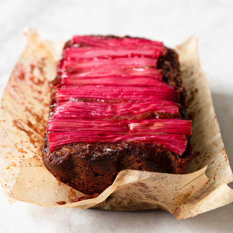 Quick and easy rhubarb, coconut and cocoa loaf