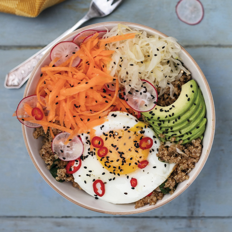 Quinoa, egg and sauerkraut Buddha bowls