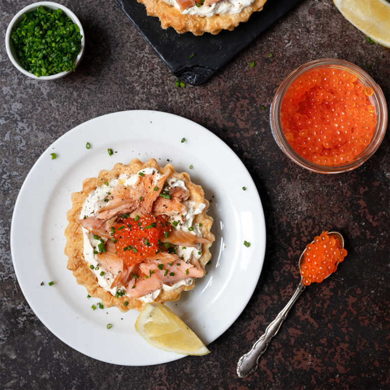 Rainbow trout and caviar tartlets with cream cheese and capers