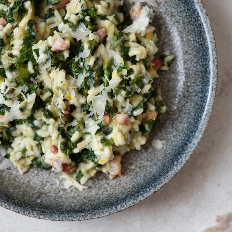 Risotto with kale, bacon and leeks