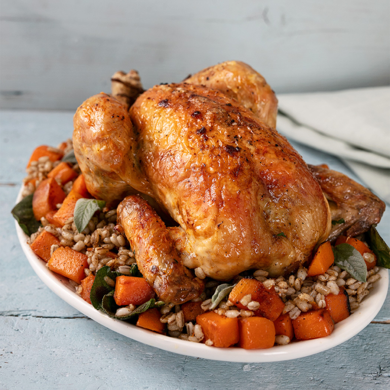 Roast chicken with squash, sage and barley