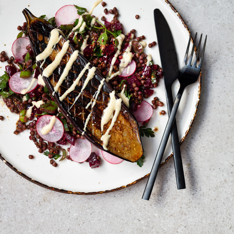 Roasted aubergine with lentil and herb salad