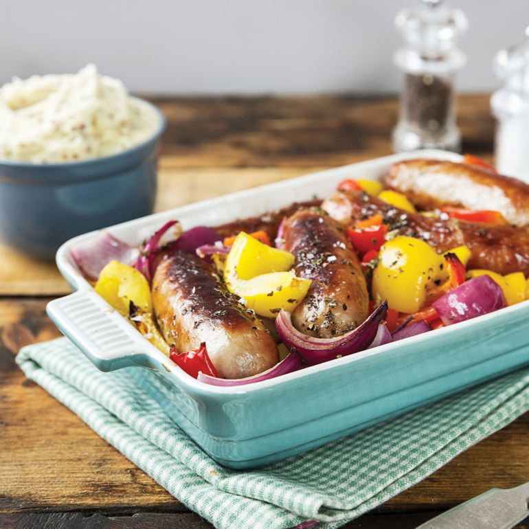 Roasted balsamic sausages with onions and peppers