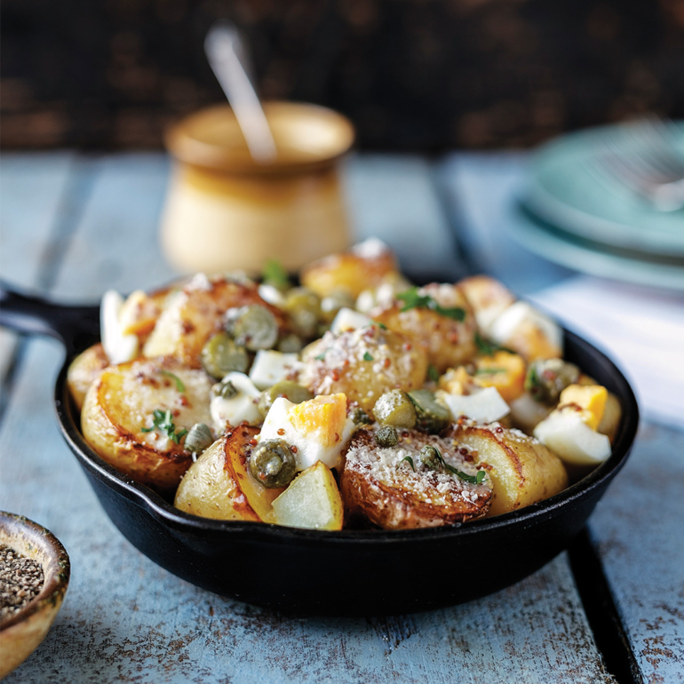 Roasted new potatoes with chunky gribiche dressing