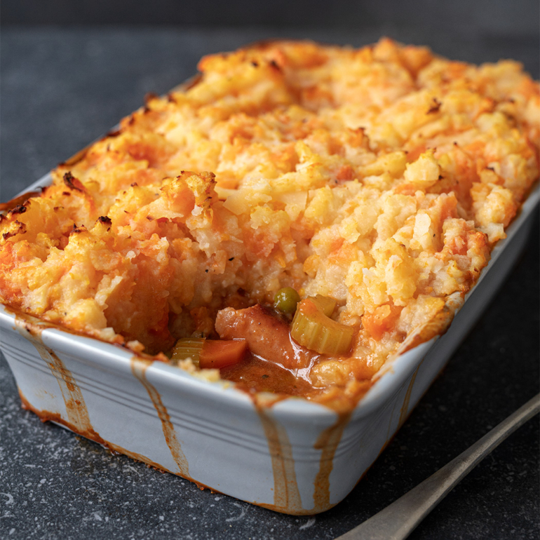 Sausage cottage pie with root vegetable mash