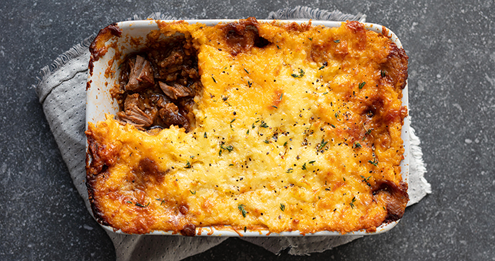 slow cooked beef pie with cheddar