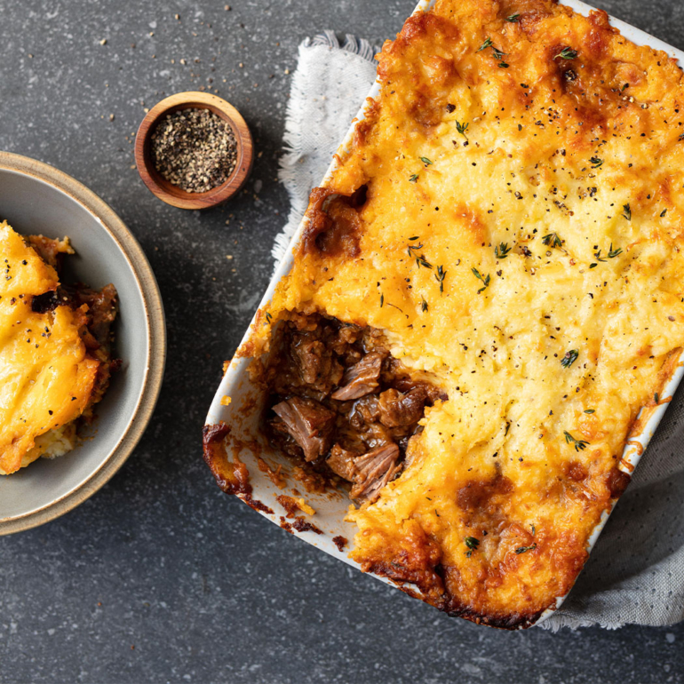Slow-cooked beef pie with Cheddar mash