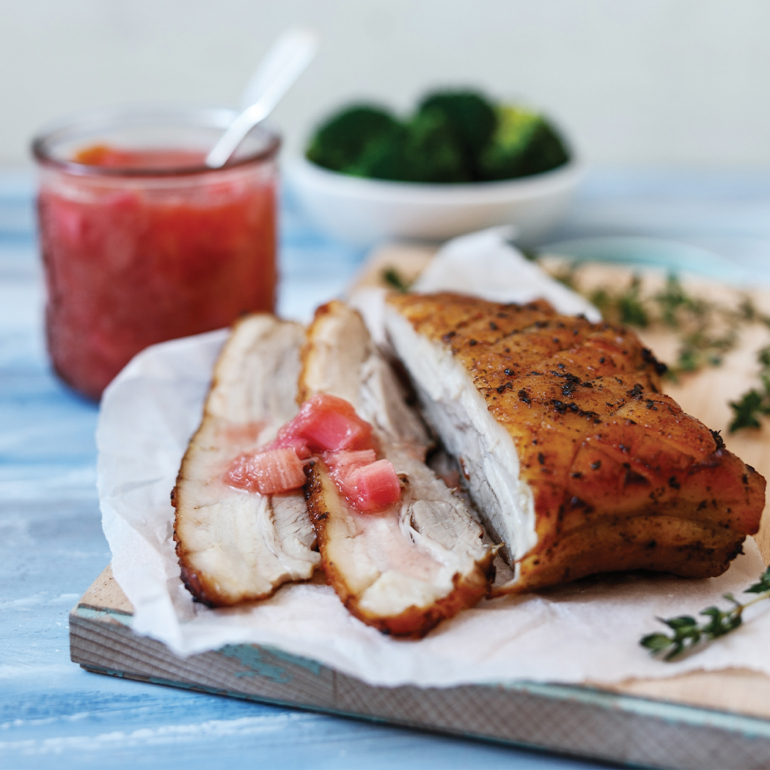 Slow-cooked pork belly with rhubarb and ginger compote