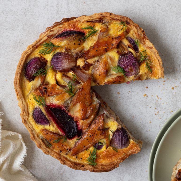 Smoked mackerel and beetroot quiche