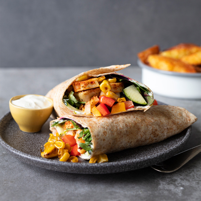 Spicy halloumi wraps with wedges